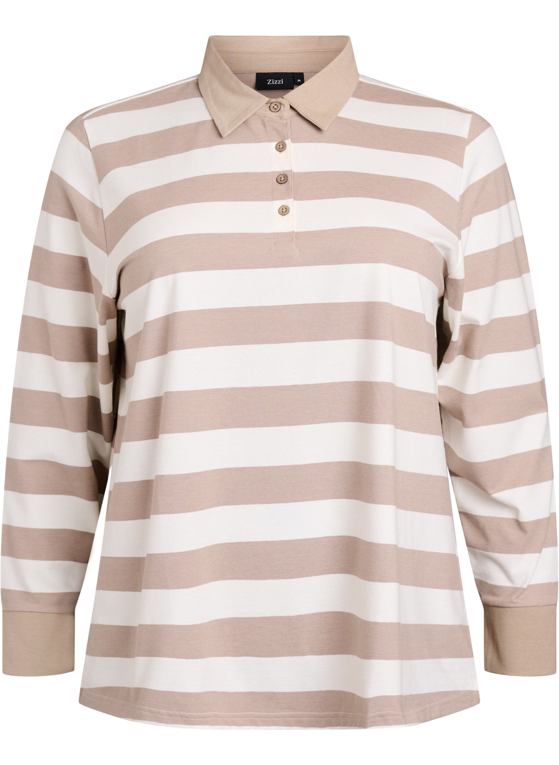 Zizzi Langarm-Poloshirt mit Streifen, Beige, Packshot image number 0
