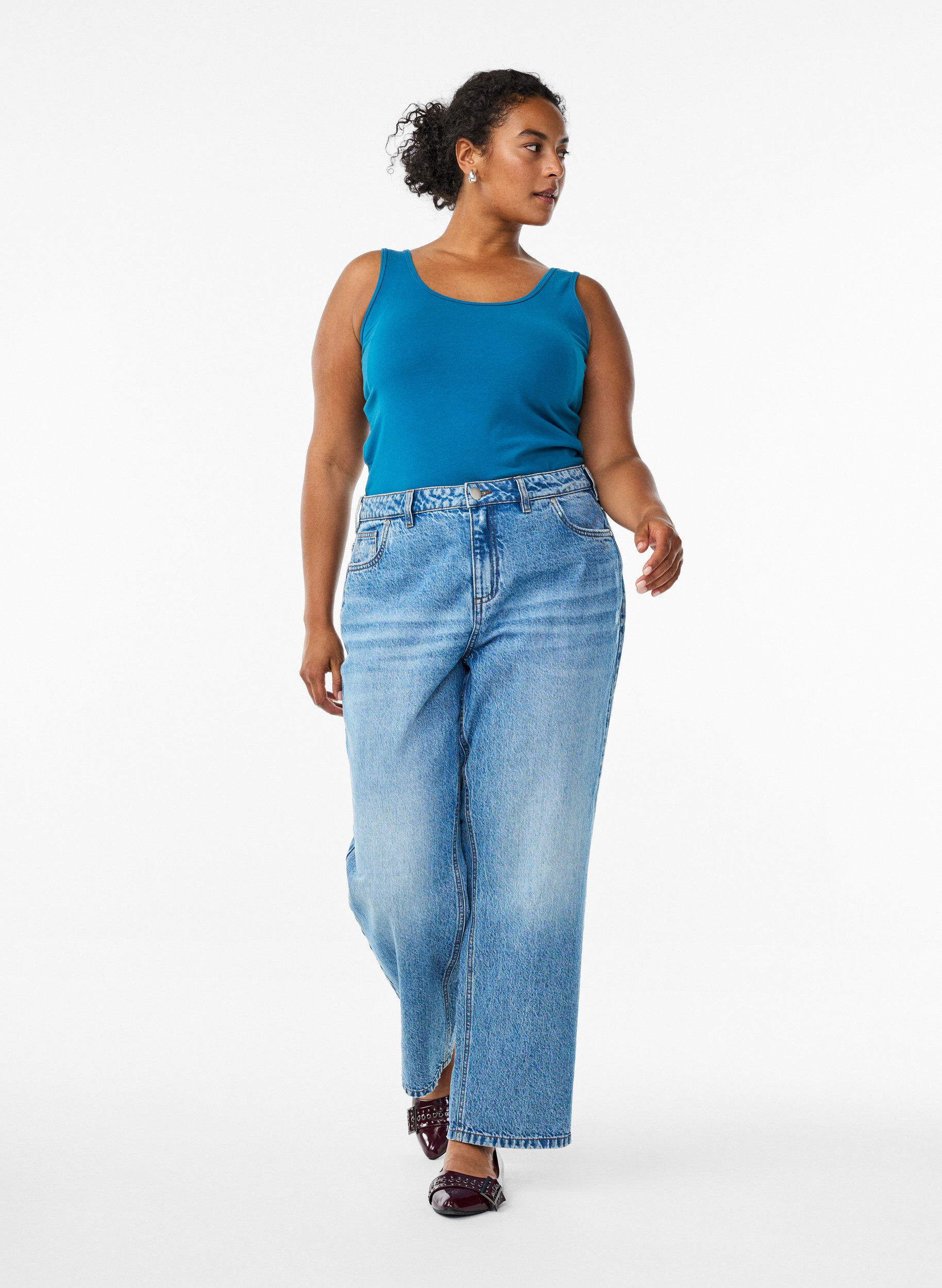 Zizzi Einfarbiges Basic Top aus Baumwolle, Petrol, Model image number 1