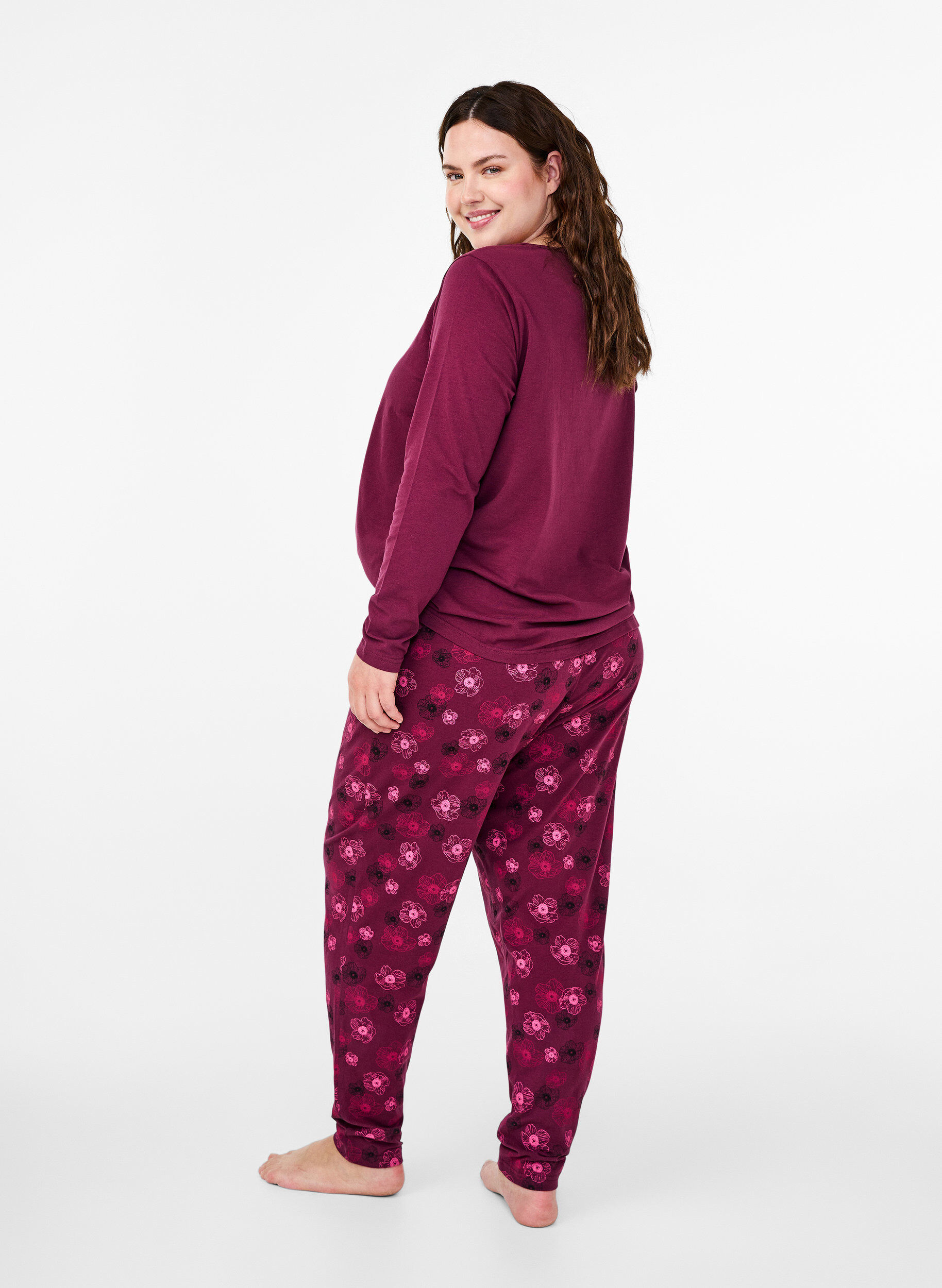 Zizzi Cotton Pyjamas Hose mit Druck, Dunkles Bordeaux, Model image number 1