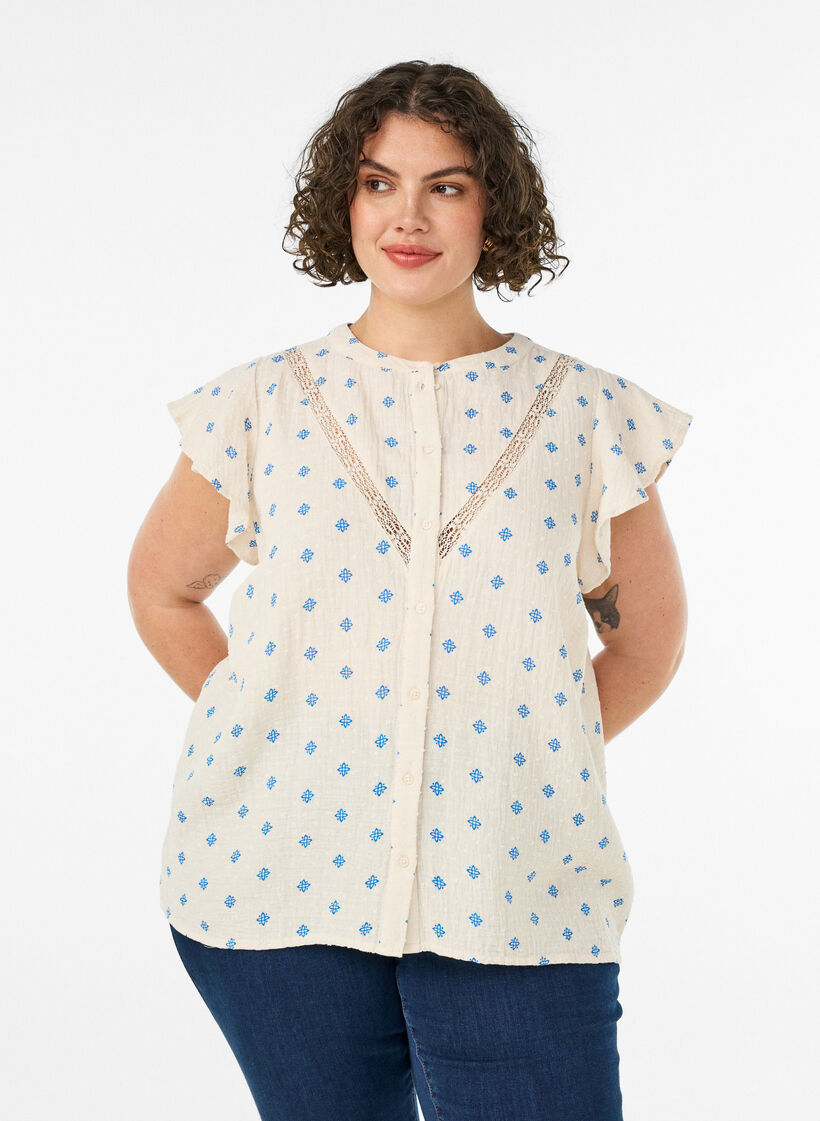 &Auml;rmellose Bluse mit H&auml;kelborte und R&uuml;schendetail, Beige, Model image number 0