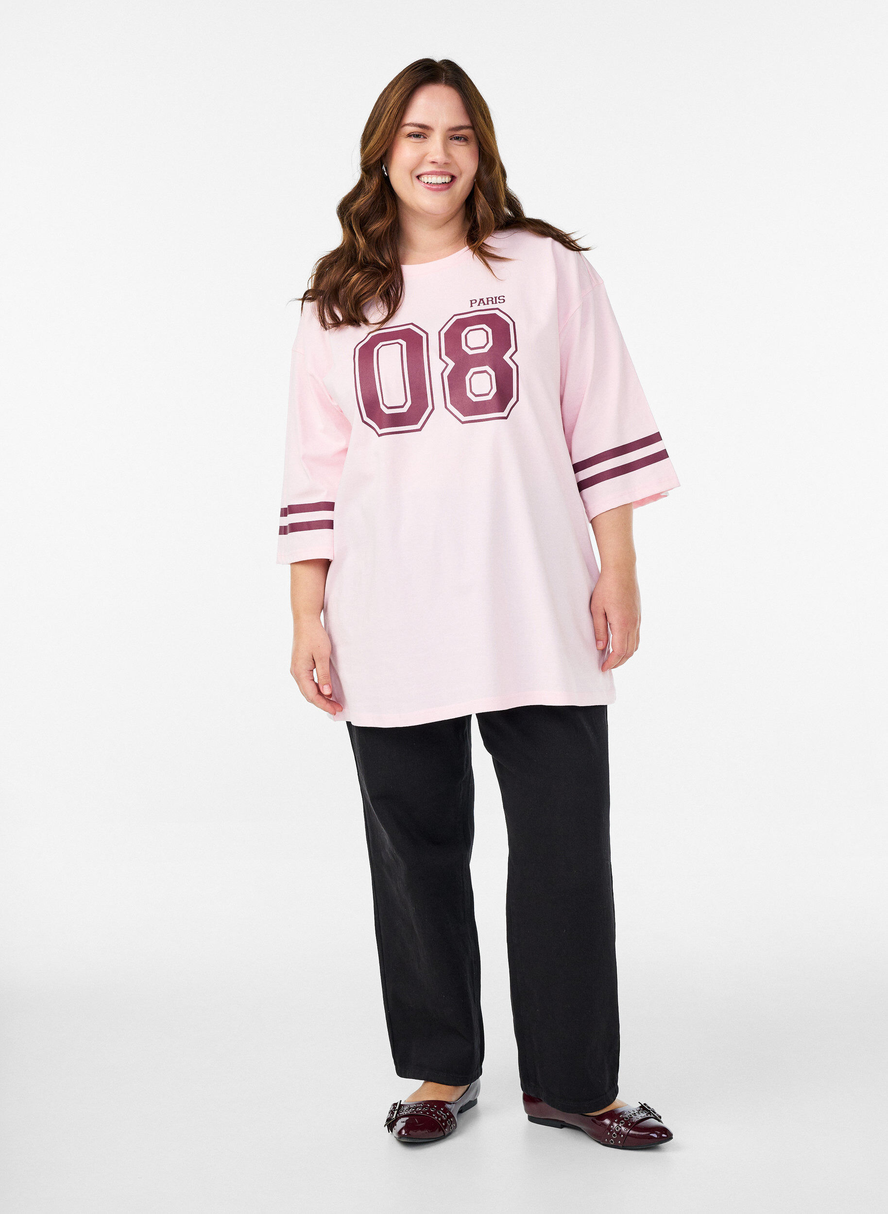 Zizzi Oversize College-T-Shirt mit 3/4-&Auml;rmeln, Pink, Model image number 1