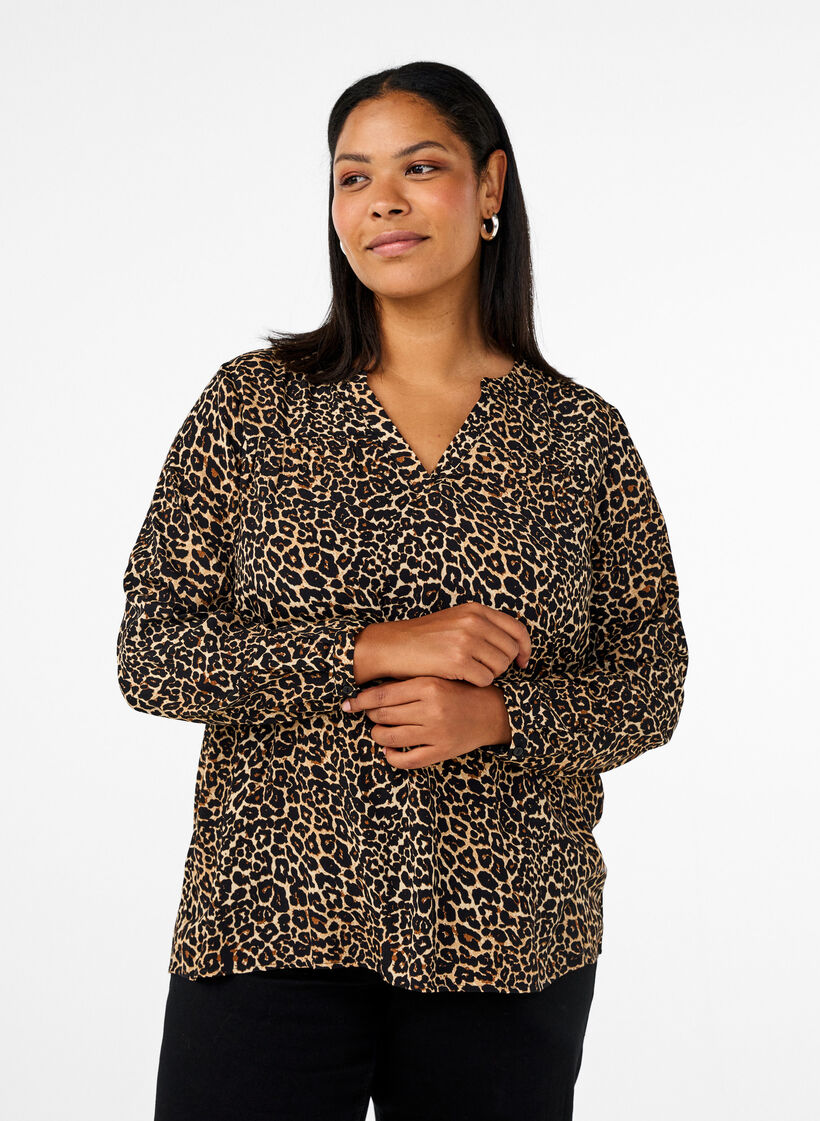 Langärmelige Bluse mit Leopardenmuster und V-Ausschnitt, Braun, Model image number 0