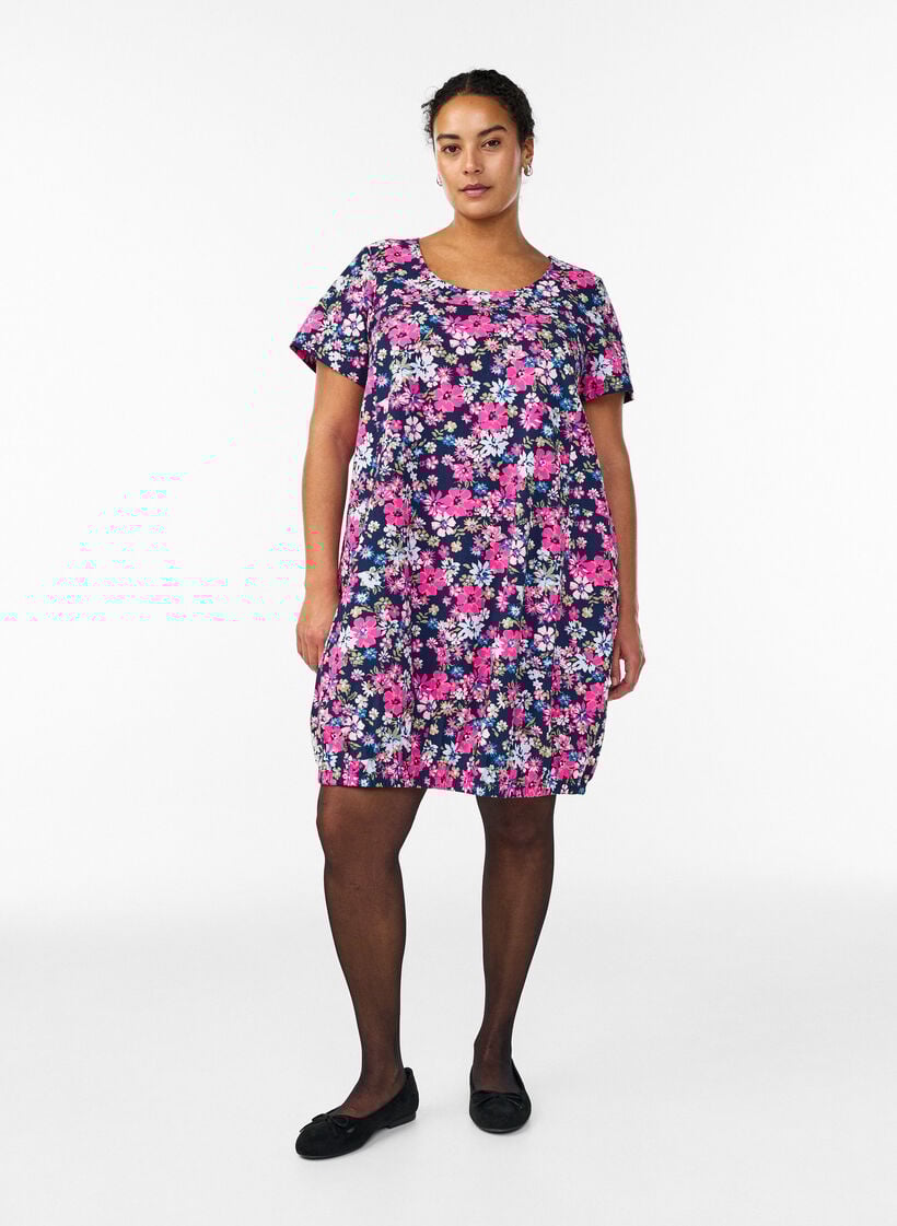 Kurz&auml;rmliges Baumwollkleid mit Aufdruck, Blau, Model image number 1