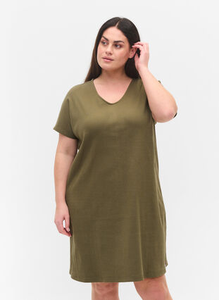 Kurzarm Kleid aus Baumwolle mit Rippstruktur, Ivy Green, Model image number 0