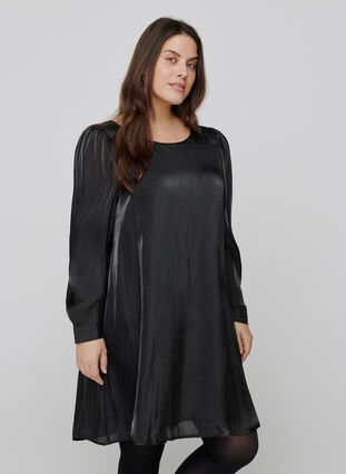 Kleid mit Shine und langen Puffärmeln, Black, Model image number 0