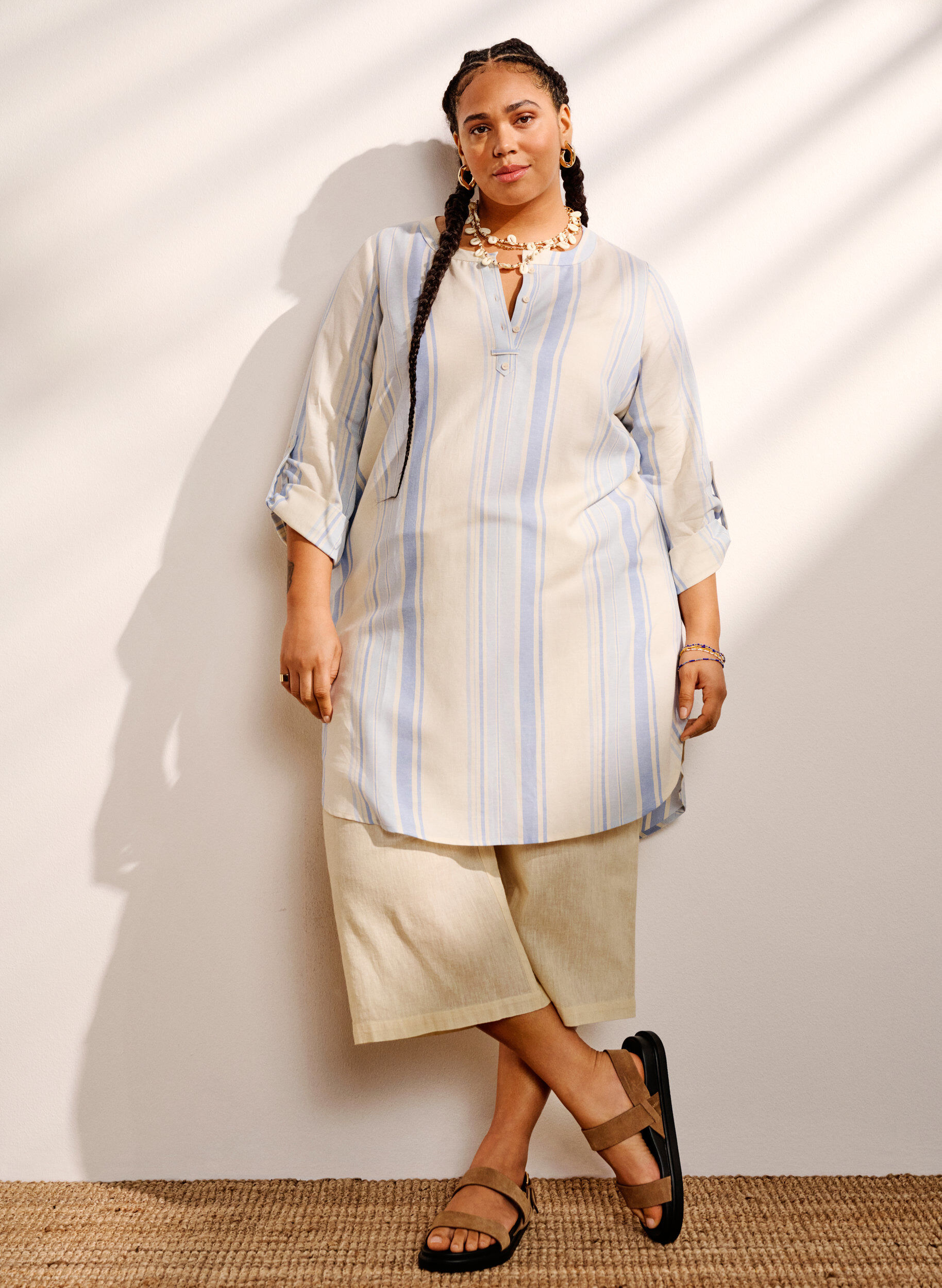 Zizzi Gestreiftes Kleid mit langen &Auml;rmeln, Birch w. Stripes, Image image number 0