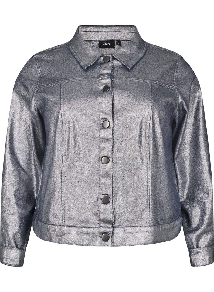 Kurze Jeansjacke in Silberbeschichtung, Gun Silver, Packshot image number 0