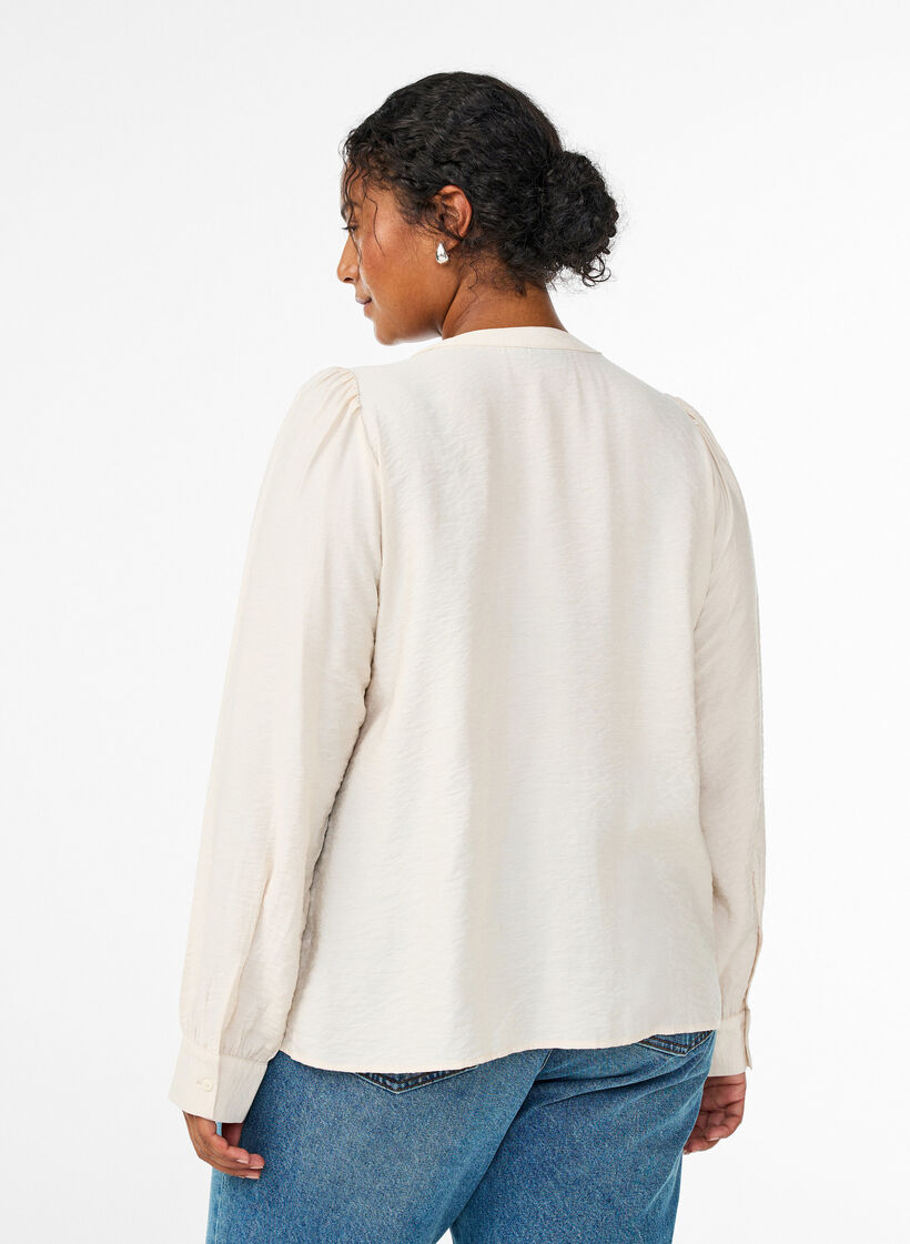 Bluse mit V-Ausschnitt und bestickten Bändern, Beige, Model image number 2
