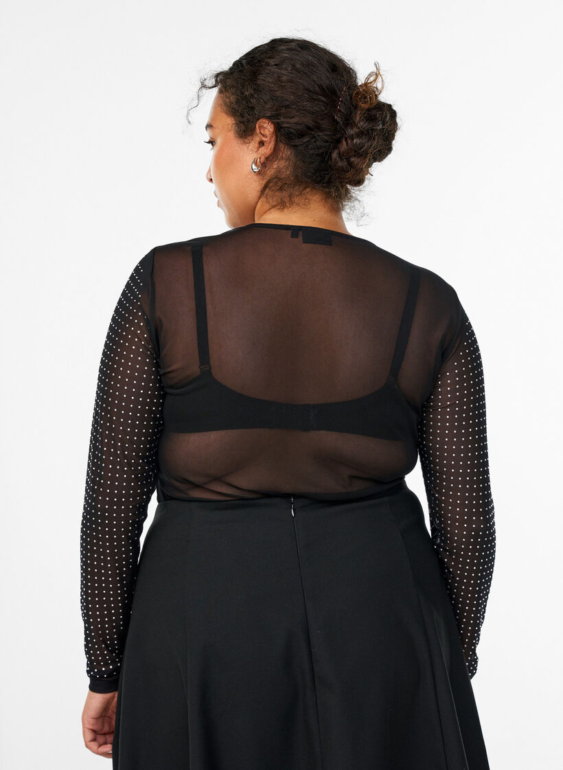 Meshbluse mit Strasssteinen und langen &Auml;rmeln, Schwarz, Model image number 2