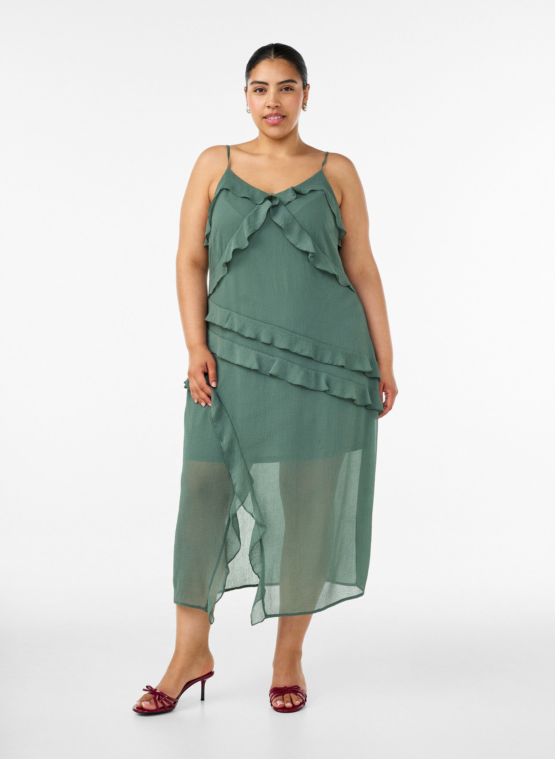 ZizziKleid aus Chiffon mit asymmetrischen R&uuml;schen, Gr&uuml;n, Model image number 0