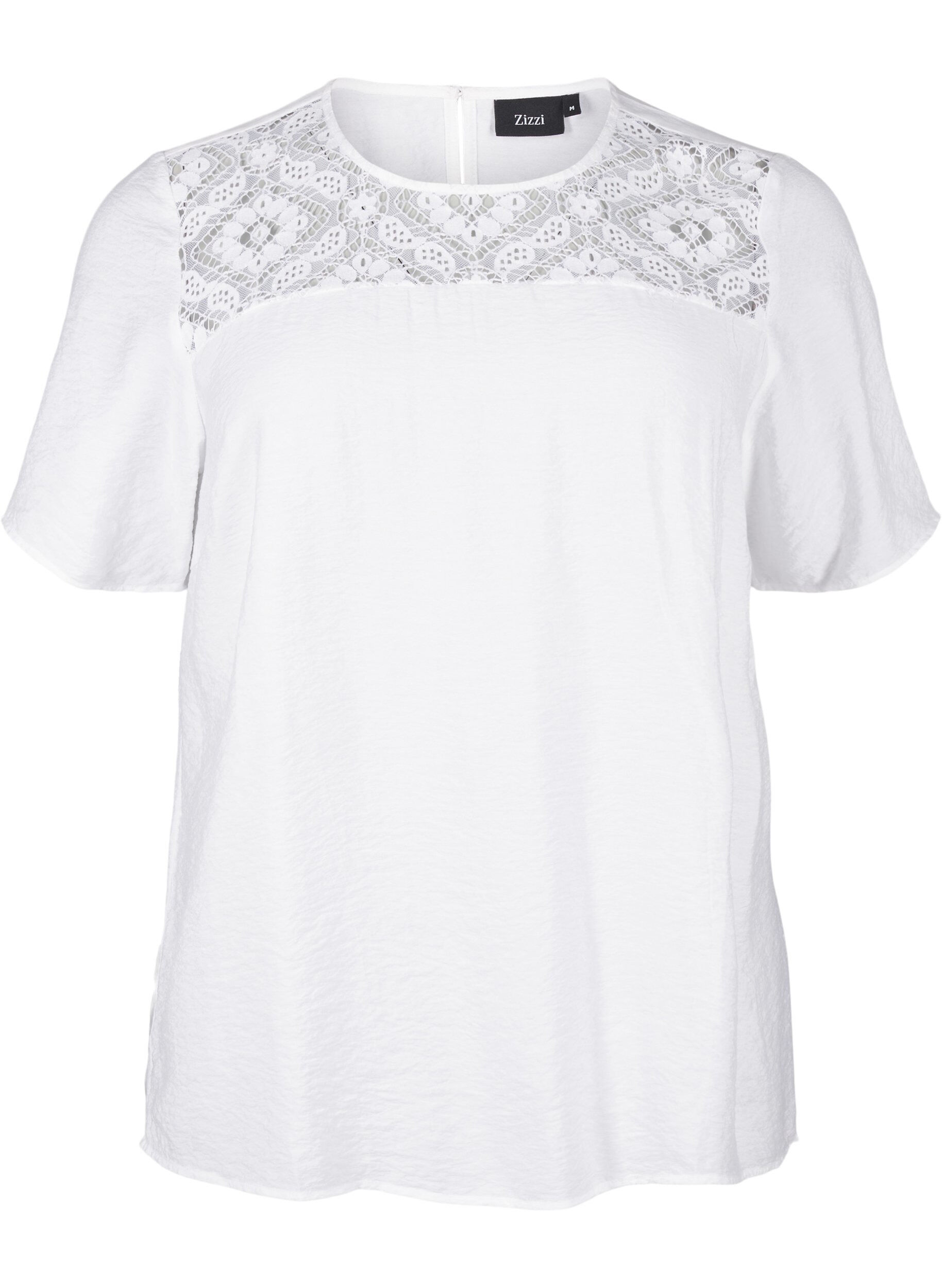 Zizzi Kurz&auml;rmelige Viskosebluse mit Spitzendetail, Bright White, Packshot image number 0