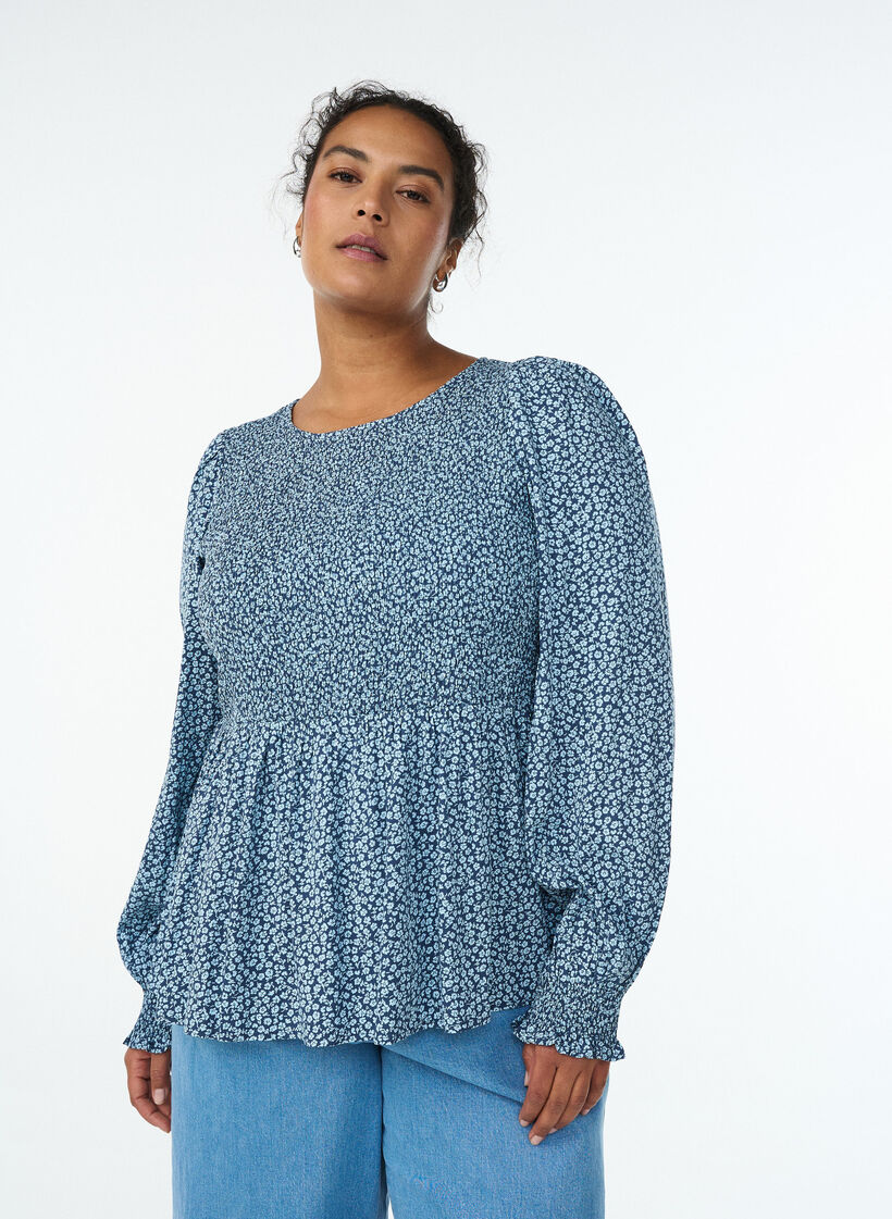Bluse mit gesmoktem Oberteil und gebl&uuml;mtem Print, Blau, Model image number 0