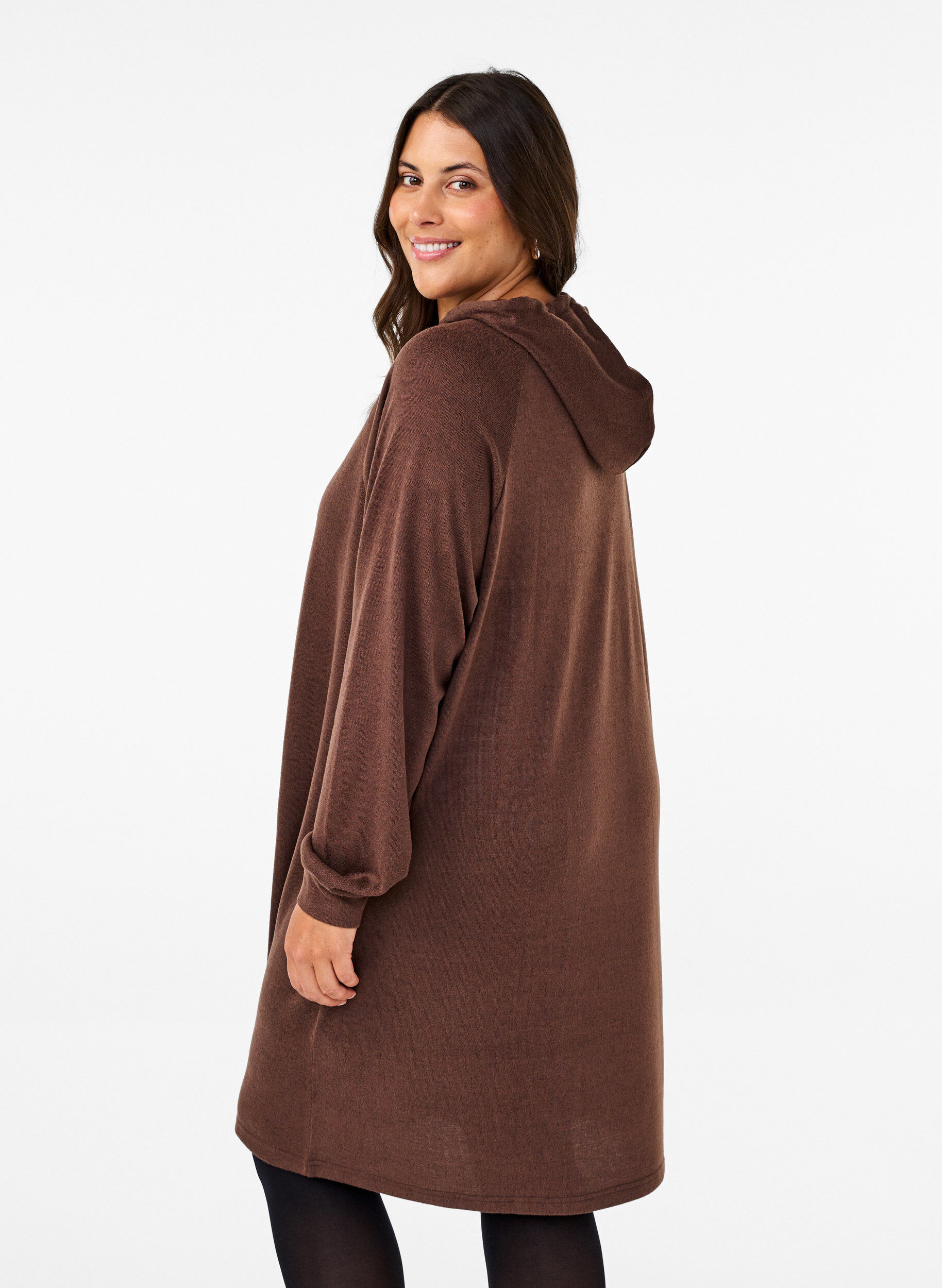 Zizzi Langarm-Sweatkleid mit Kapuze, Chocolate M. M&eacute;l., Model image number 1