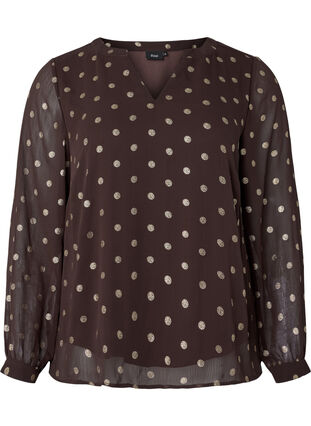 Bedruckte Bluse mit V-Ausschnitt, Fudge/Gold Dots, Packshot image number 0