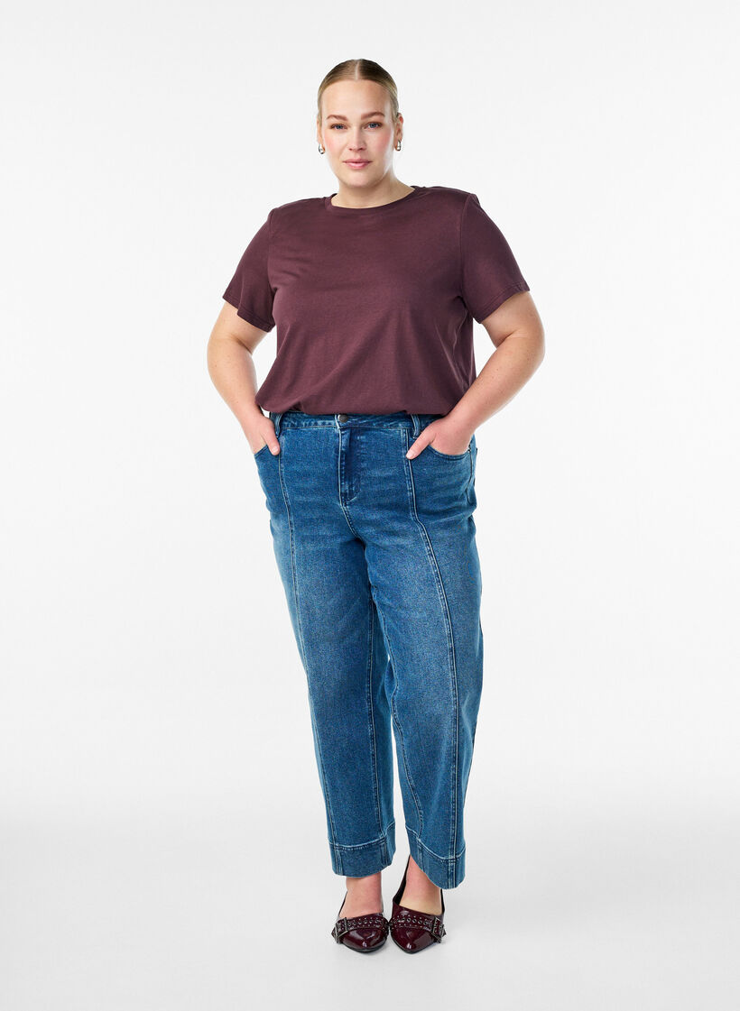 Basic-T-Shirt aus Baumwolle mit Schulterpolstern, Dunkles Bordeaux, Model image number 1