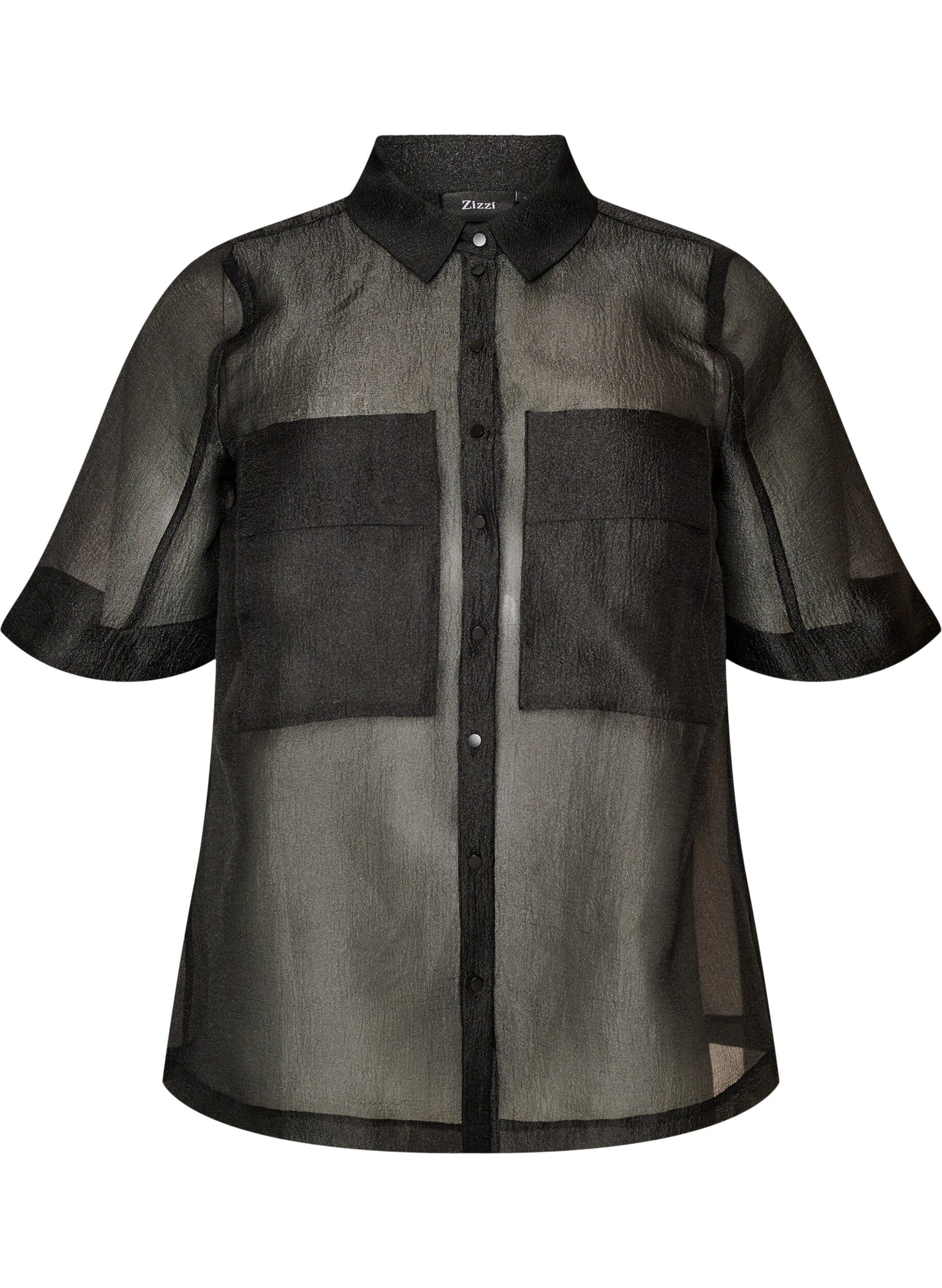 ZizziTransparente kurz&auml;rmelige Bluse mit Brusttaschen, Schwarz, Packshot image number 0