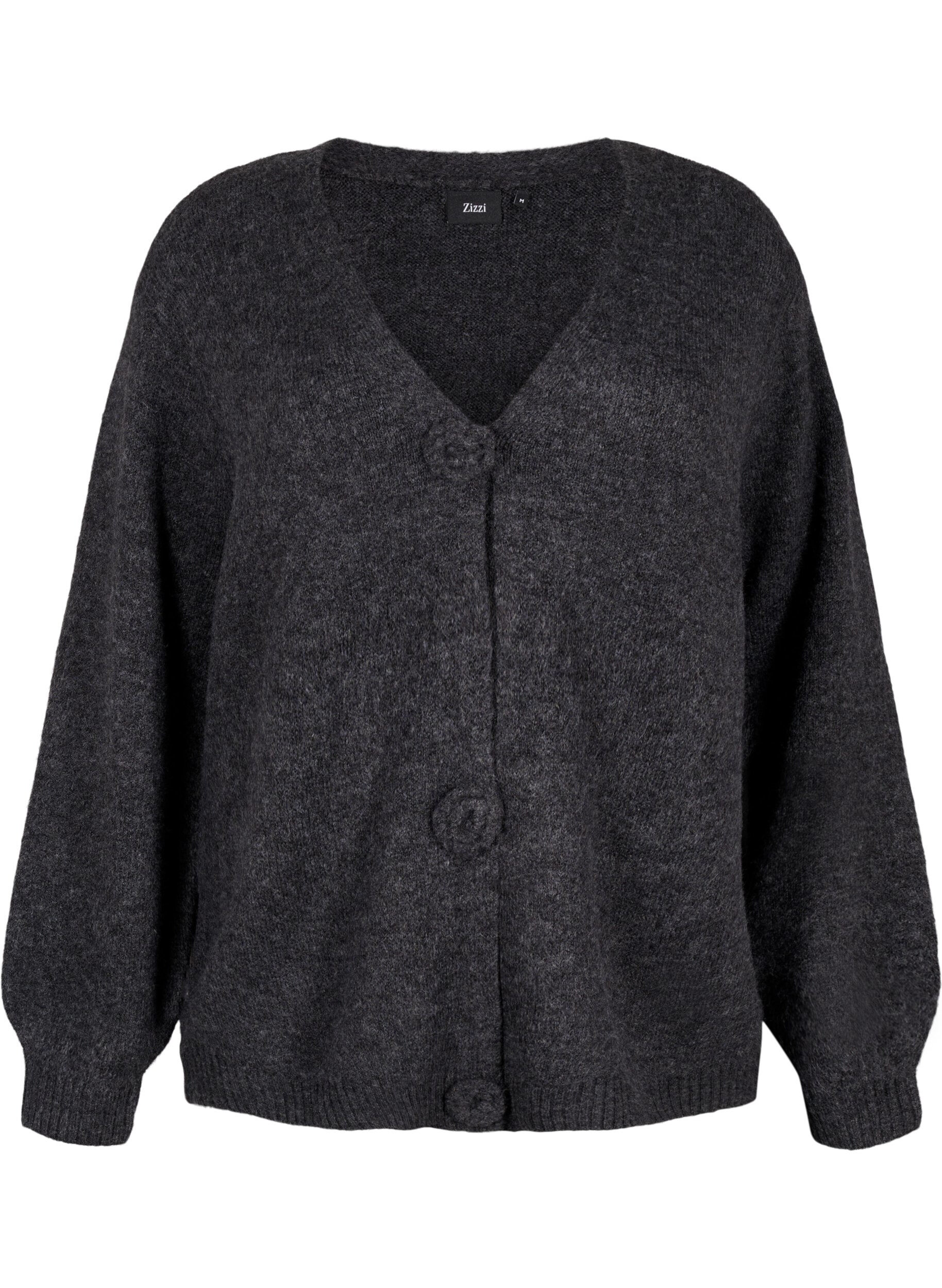 Zizzi Kurze Strickjacke mit Blumenkn&ouml;pfen, Dark Grey Melange, Packshot image number 0