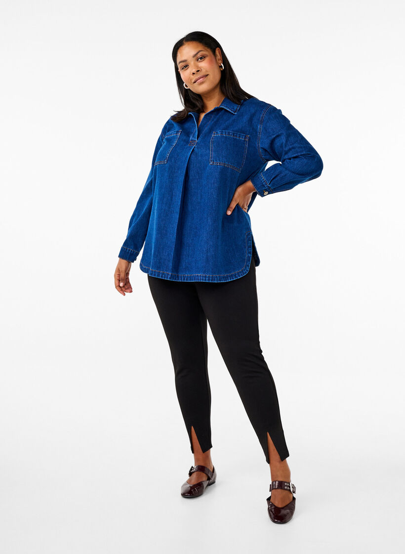 Leggings aus Viskose mit einem Schlitz auf der Vorderseite, Schwarz, Model image number 0