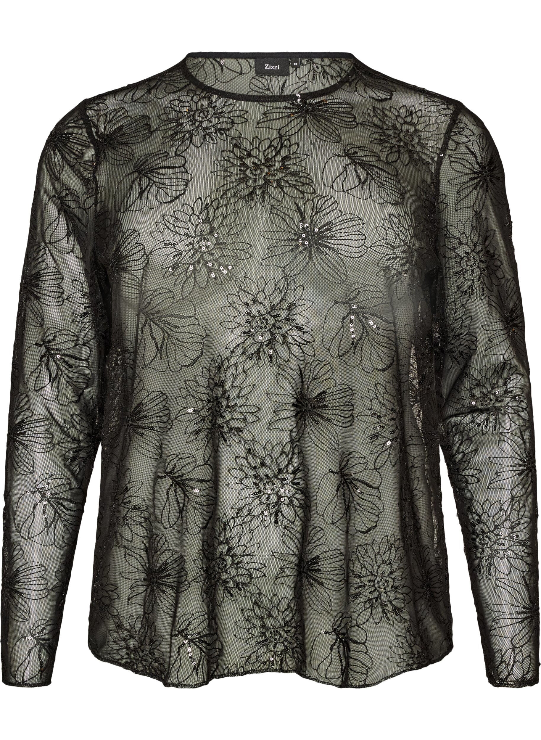 Bluse aus Mesh mit Blumen und Pailletten