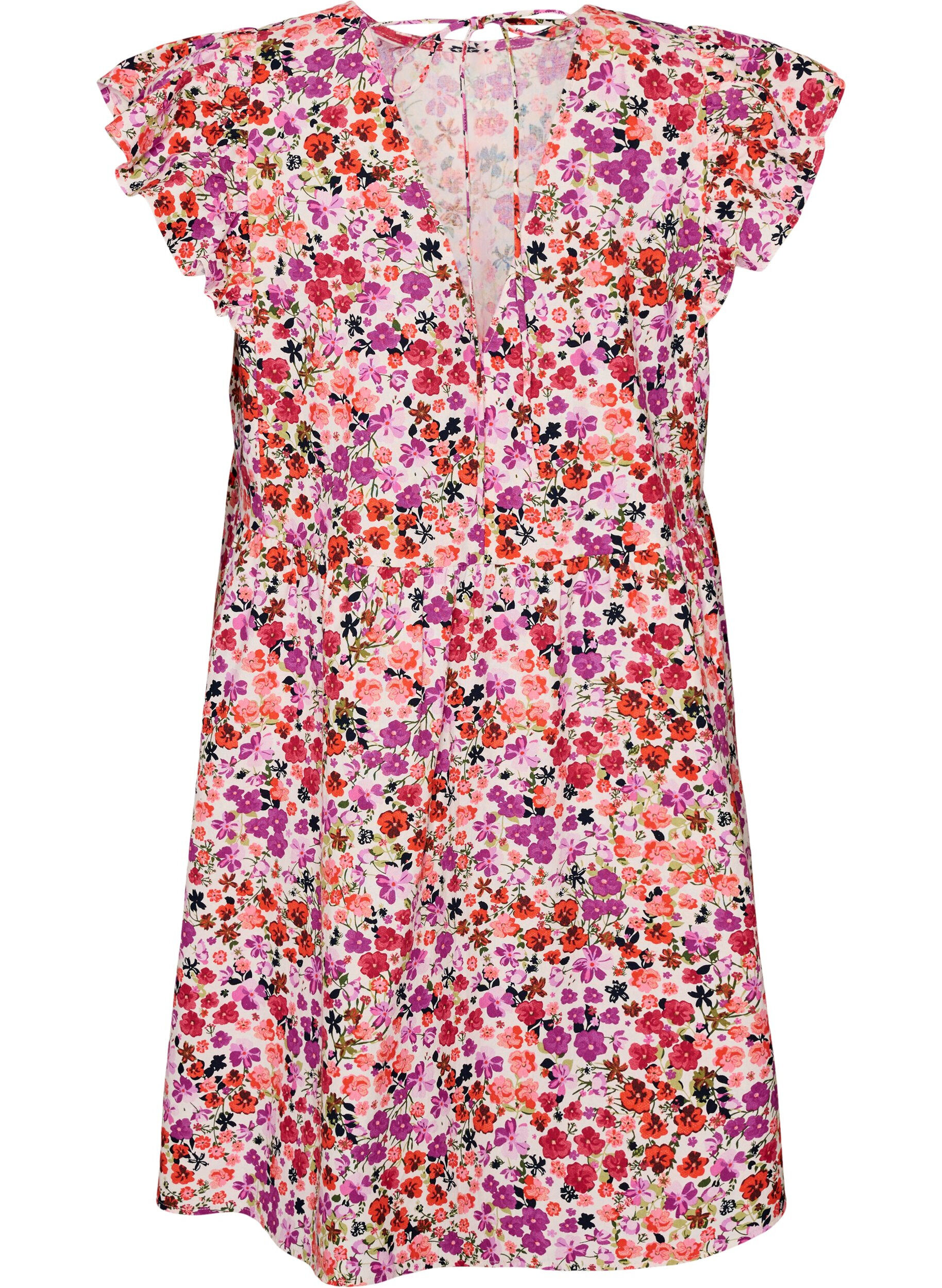 ZizziGebl&uuml;mtes Kleid aus Baumwolle mit R&uuml;schen und V-Ausschnitt, Pink, Packshot image number 1