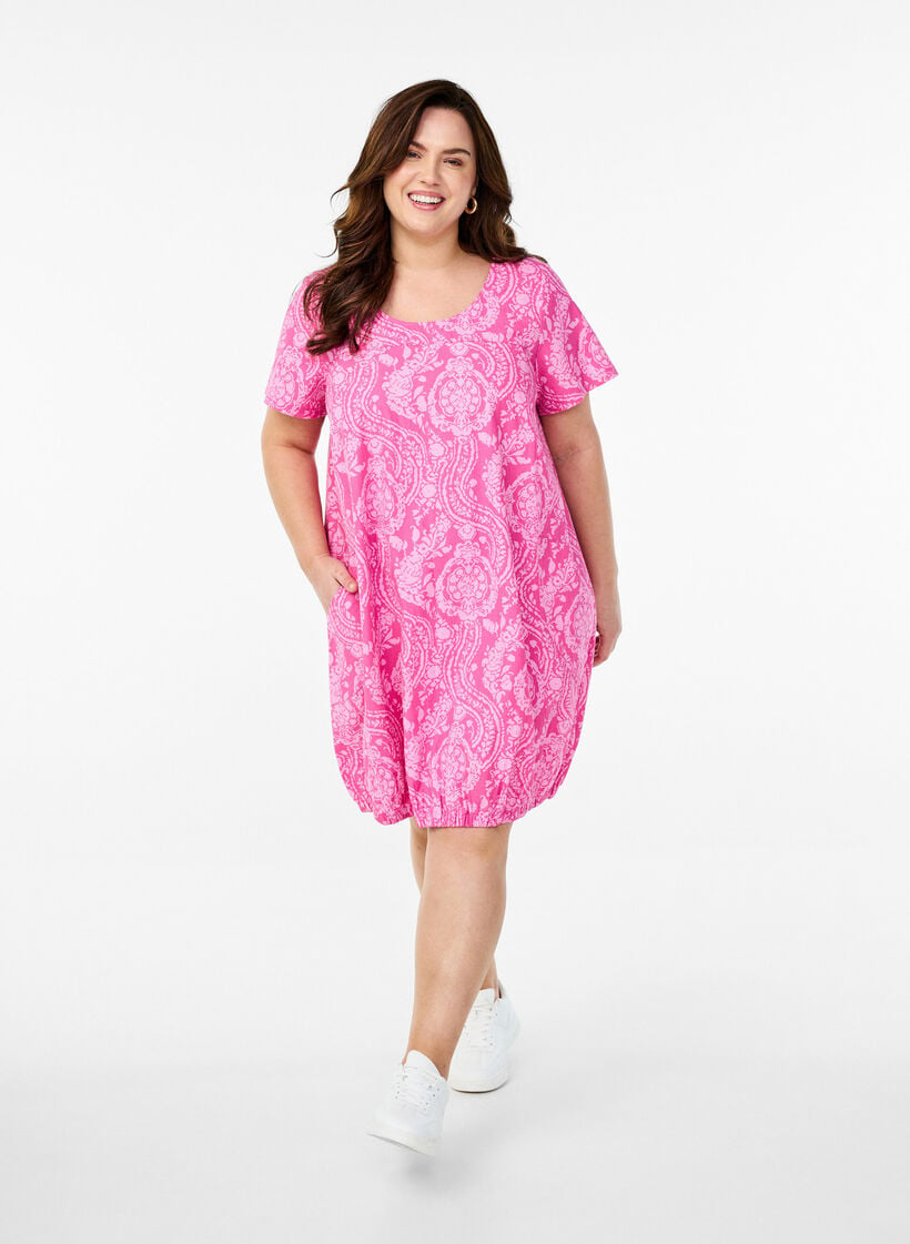 Kurz&auml;rmliges Baumwollkleid mit Aufdruck, Pink, Model image number 1