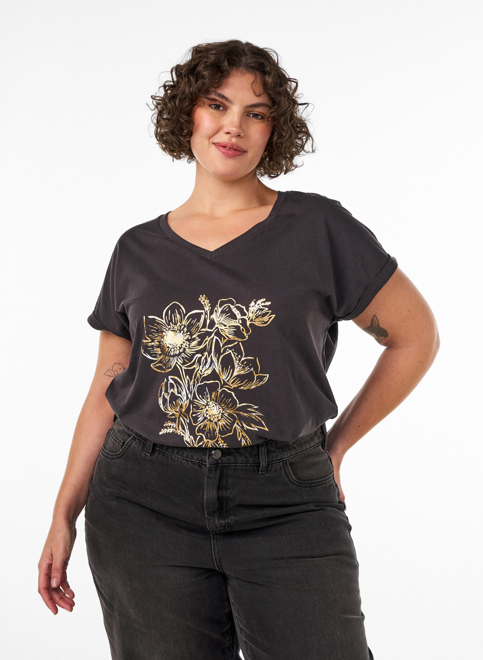ZizziT-Shirt aus Baumwolle mit Goldfoliendruck, Grau, Model image number 0