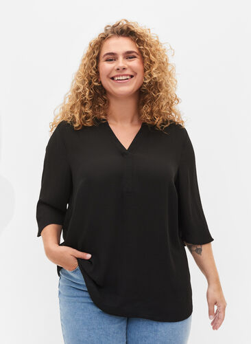 Bluse mit 3/4 Ärmeln und V-Ausschnitt, Black, Model image number 0