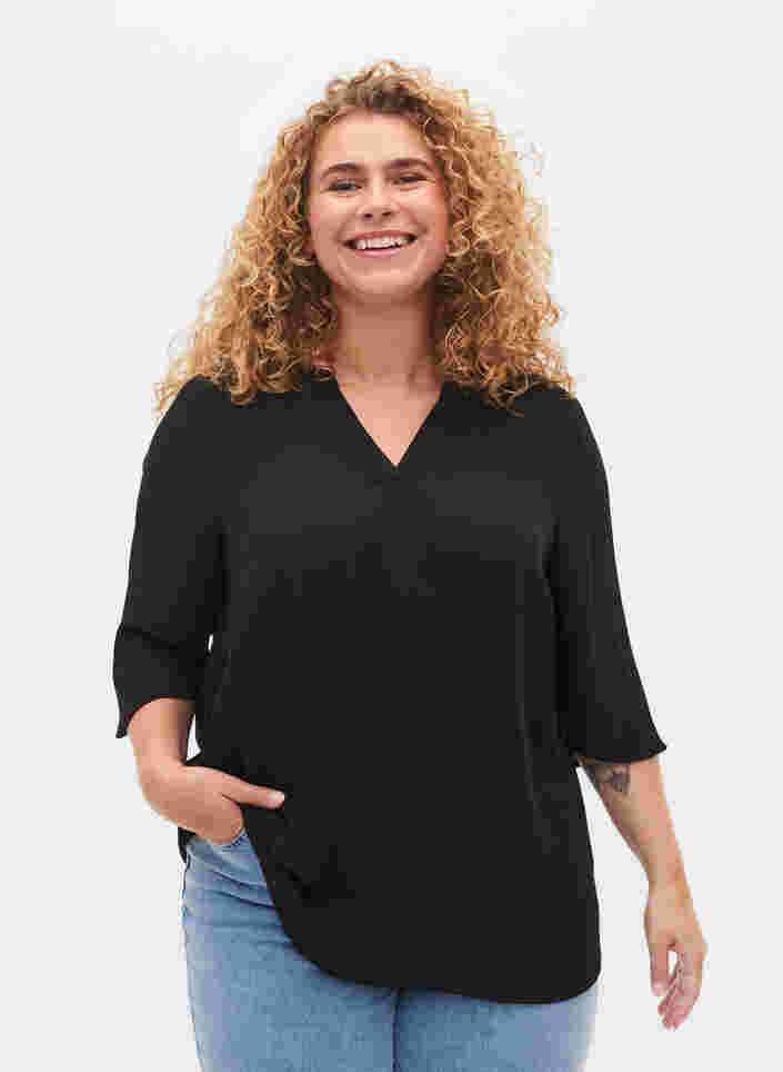 Bluse mit 3/4 Ärmeln und V-Ausschnitt, Black, Model