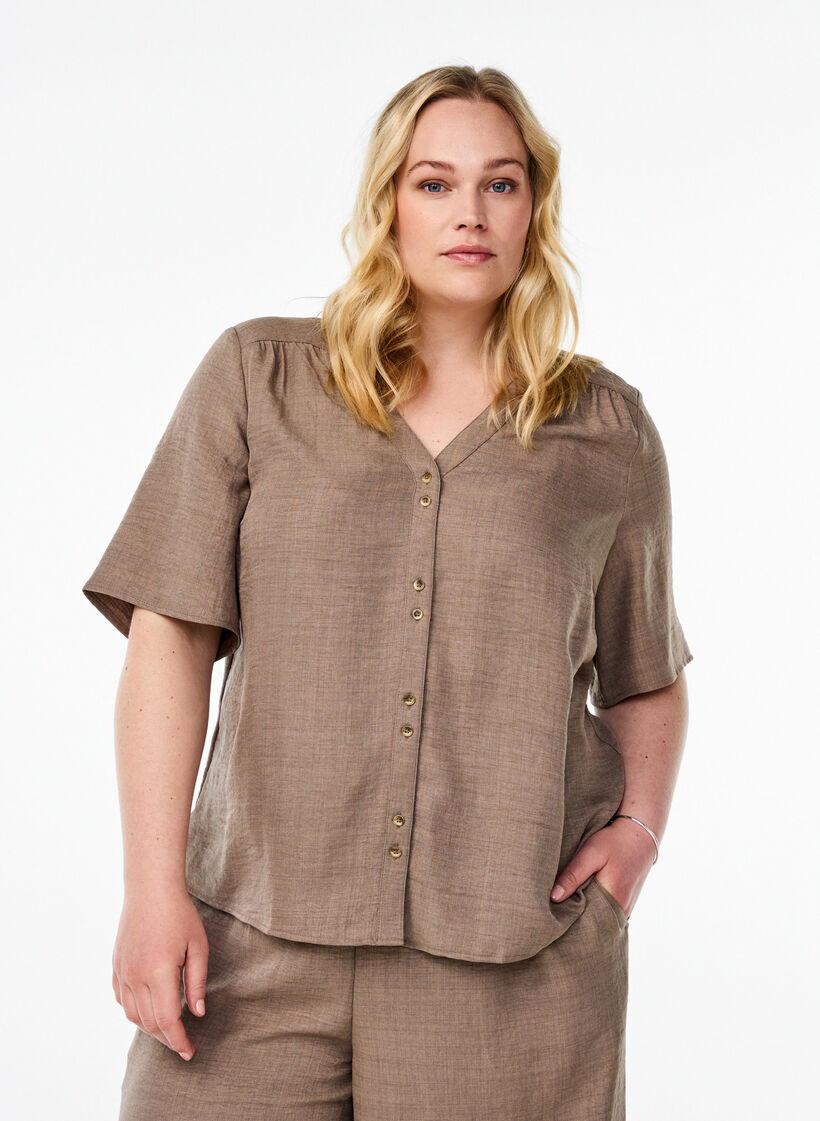 Hemdbluse mit V-Ausschnitt und kurzen &Auml;rmeln, Braun, Model image number 0
