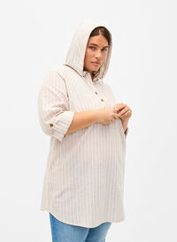 Tunika mit Kapuze aus Baumwolle und Leinen, Wh. Sandshell Stripe, Model