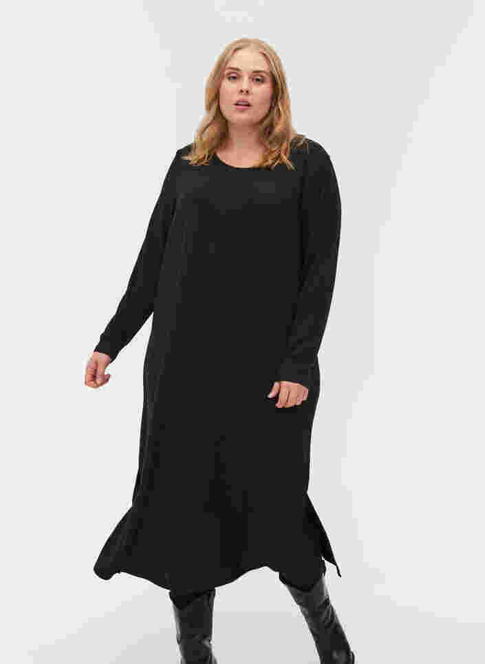 Einfarbiges Kleid mit langen Ärmeln und Schlitz, Black, Model image number 0