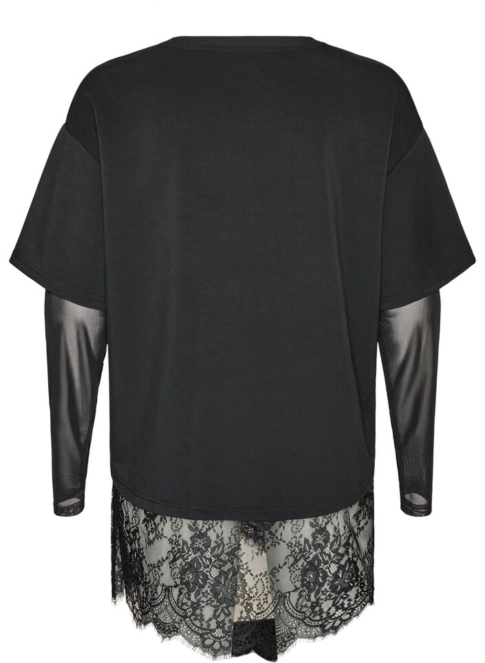 Bluse mit Mesh-&Auml;rmeln und Spitzenbesatz, Schwarz, Packshot image number 1