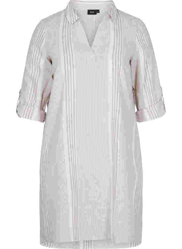 Kleid mit V-Ausschnitt und Kragen, White Taupe Stripe, Packshot