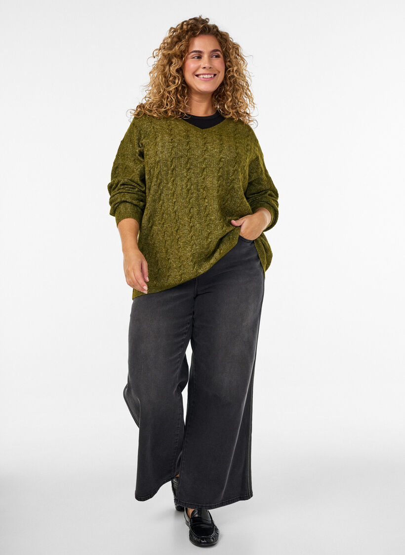 Bluse aus Strick mit Zopfmuster und V-Ausschnitt, Gr&uuml;n, Model image number 1