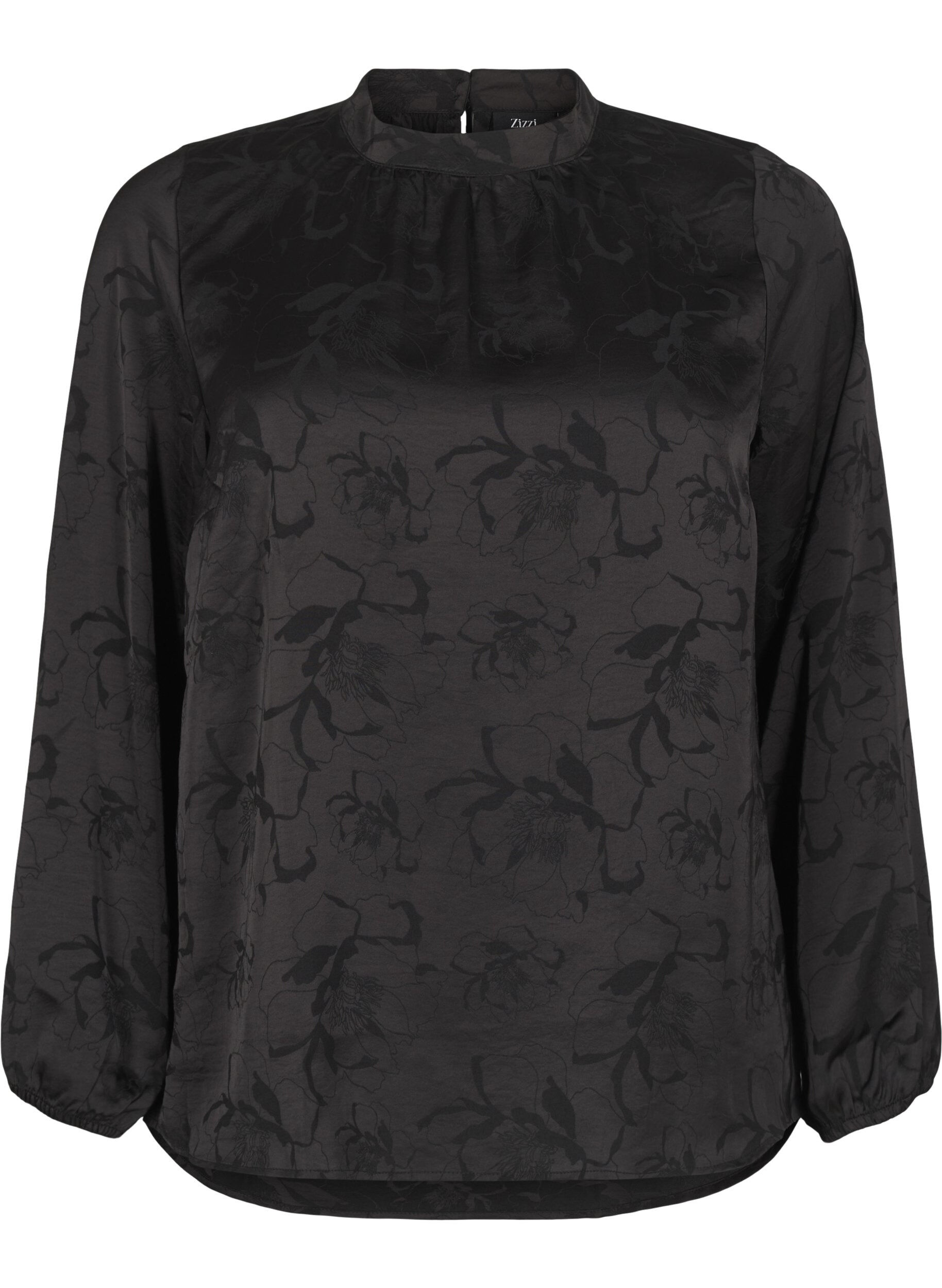 Zizzi Satinstoffbluse mit Ton-in-Ton-Muster, Black, Packshot image number 0