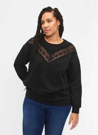 Sweatshirt mit Rüschen und Häkeldetail, Black, Model