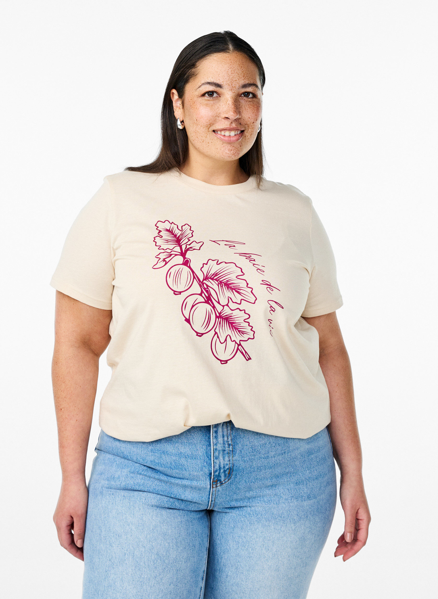 Zizzi T-Shirt aus Baumwolle mit Print, Beige, Model image number 0