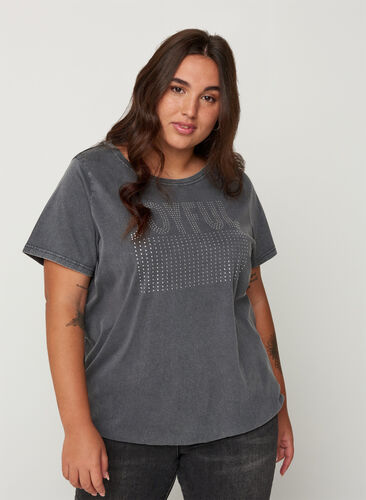T-Shirt aus Baumwolle mit Nieten und Smock, Grey Wash, Model image number 0