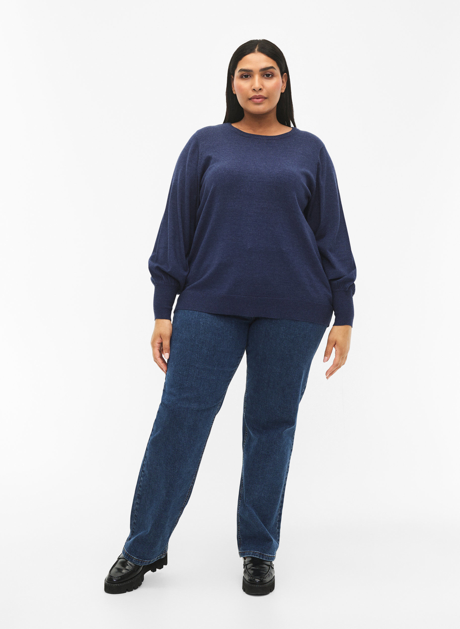 Zizzi Strickbluse mit Viskose und Ballon&auml;rmeln, Dress Blues Mel., Model image number 2