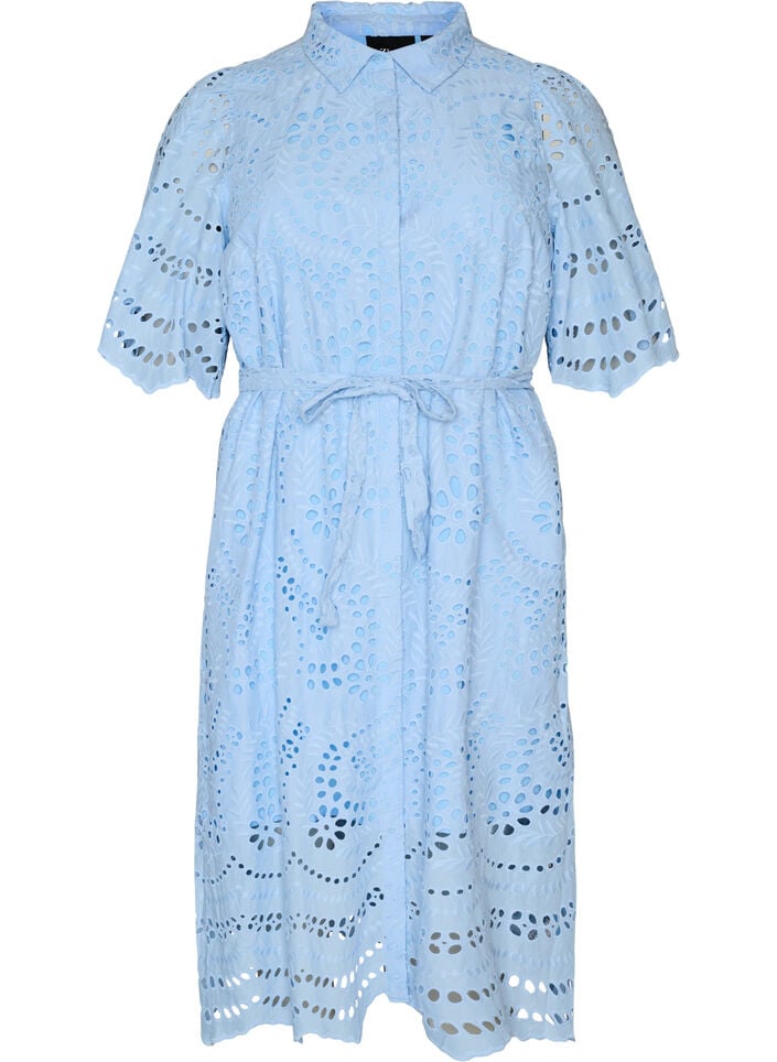 Hemdblusenkleid aus Broderie Anglaise mit Bindeg&uuml;rtel, Blau, Packshot image number 0