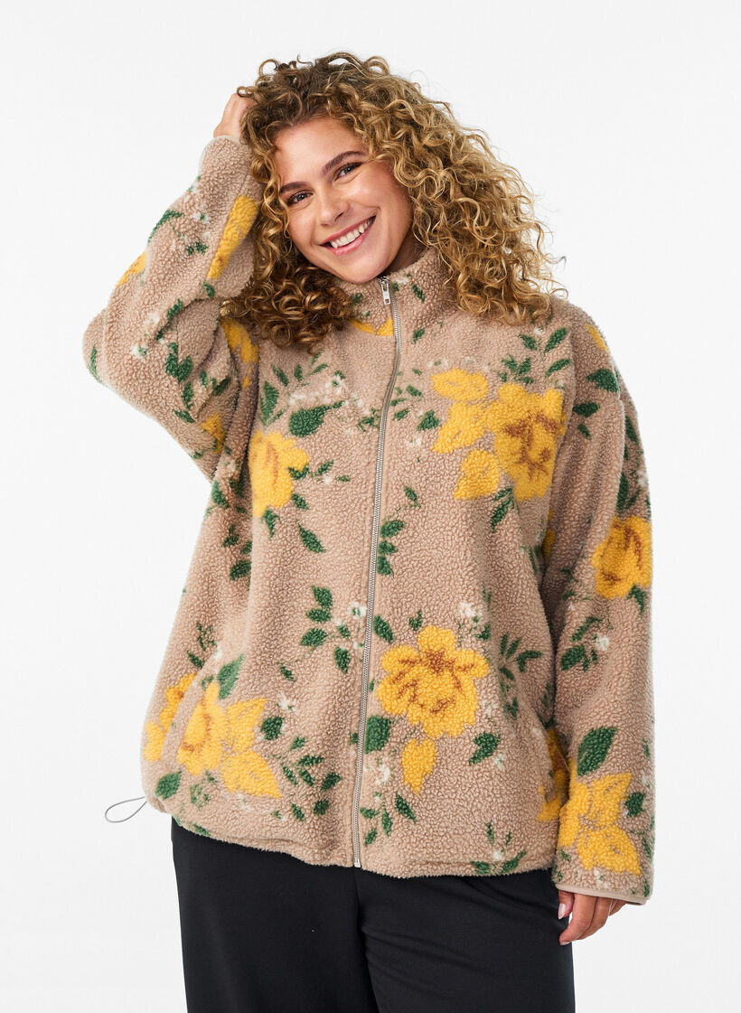 Gebl&uuml;mte Fleecejacke mit hohem Kragen und Rei&szlig;verschluss, Beige, Model image number 0