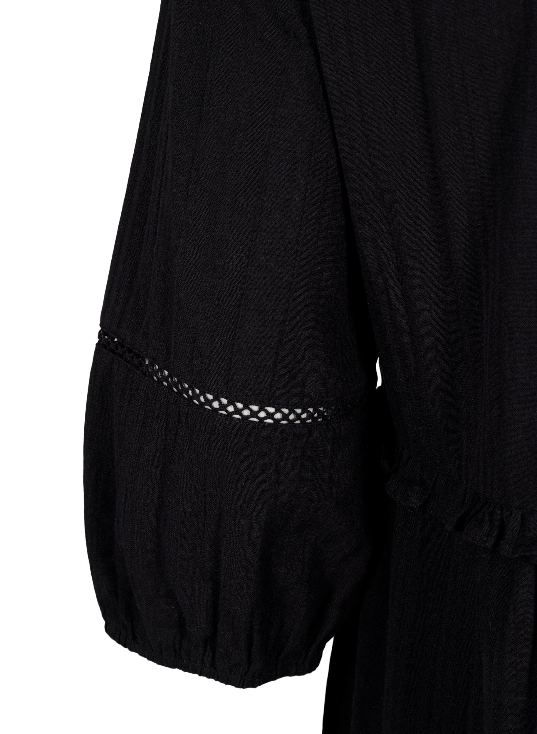 Zizzi Baumwollkleid mit 3/4-&Auml;rmeln und R&uuml;schen, Schwarz, Packshot image number 3