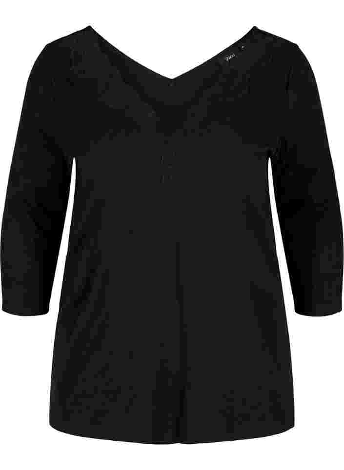 Bluse mit 3/4-Ärmeln und Spitzendetails, Black, Packshot image number 0