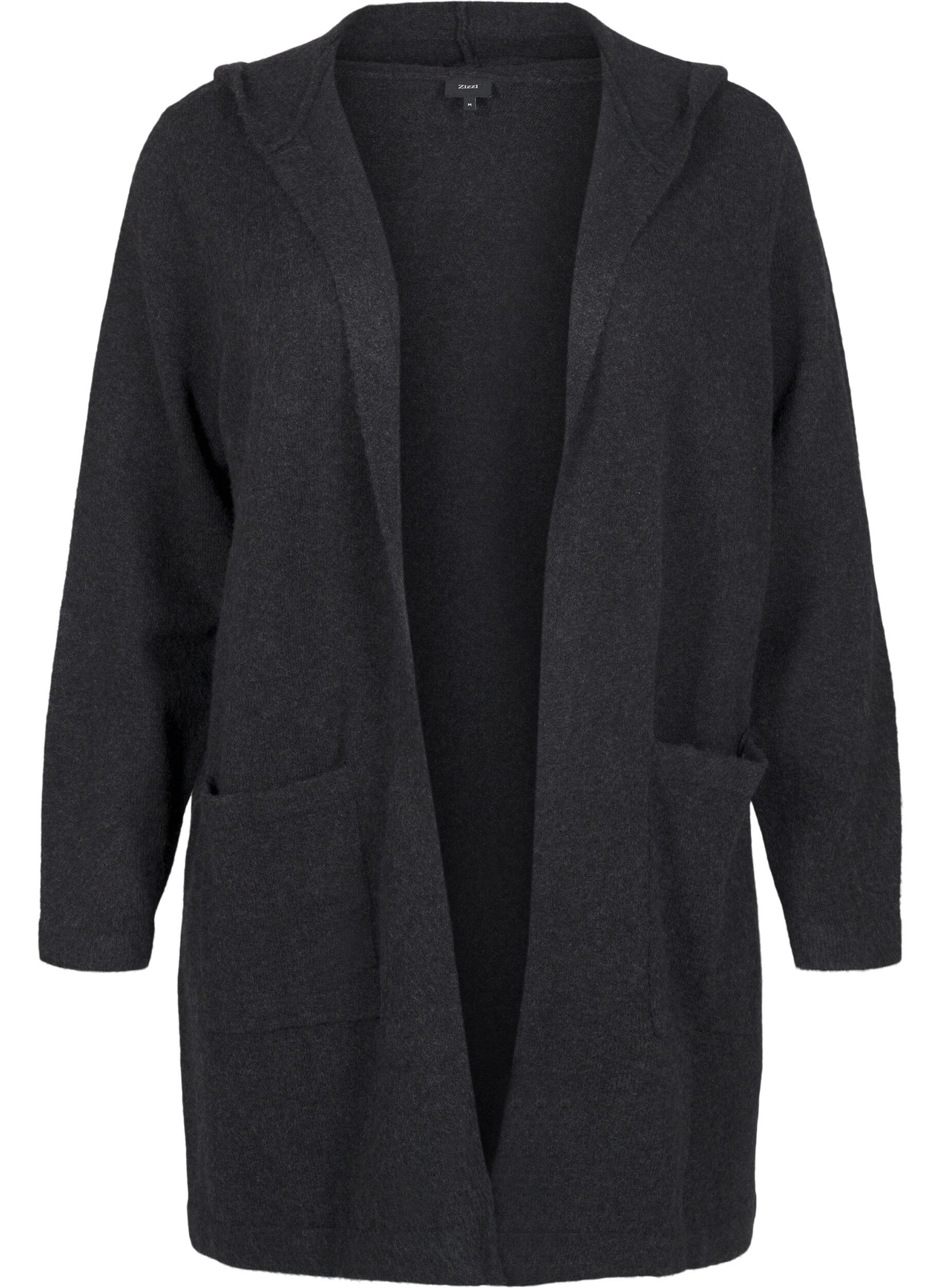 Zizzi Langer Strickcardigan aus Wolle mit Kapuze, Dark Grey Melange, Packshot image number 0
