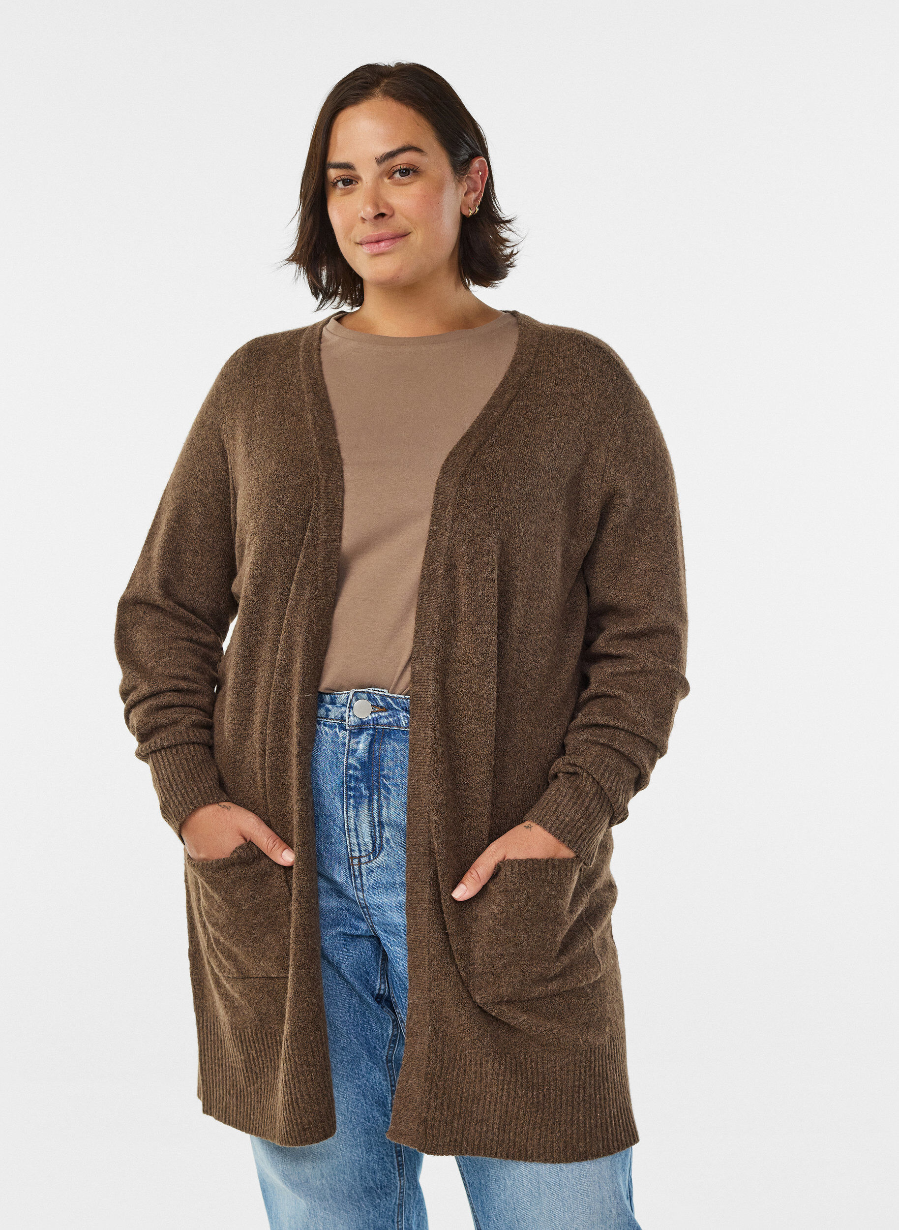 ZizziStrickjacke mit Rippenstrick und Taschen, Braun, Model image number 0
