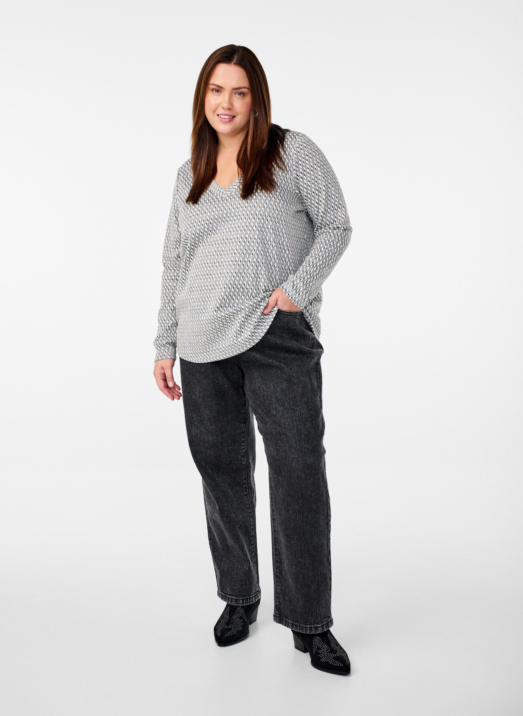 Zizzi Bluse mit Musterstruktur und Glitzerfaden, Grau, Model image number 1