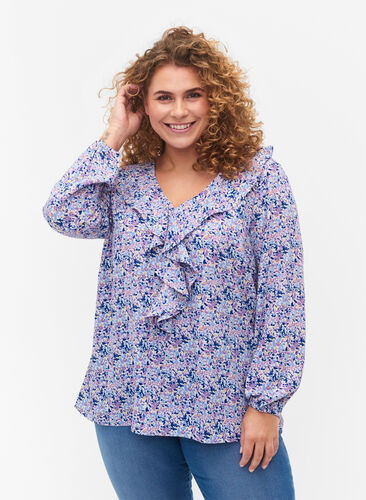 Bedruckte Bluse mit Rüschen, Purple Ditzy Flower, Model image number 0