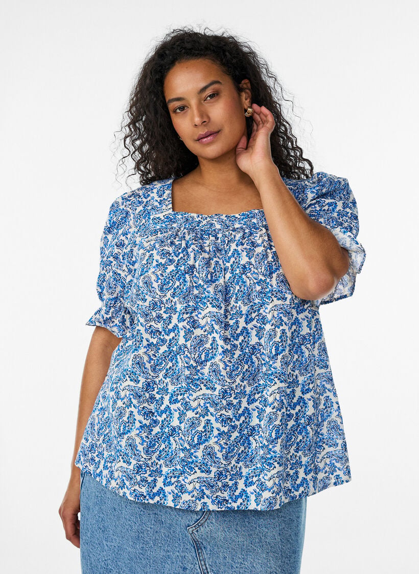 Baumwollbluse mit eckigem Ausschnitt, Blau, Model image number 0