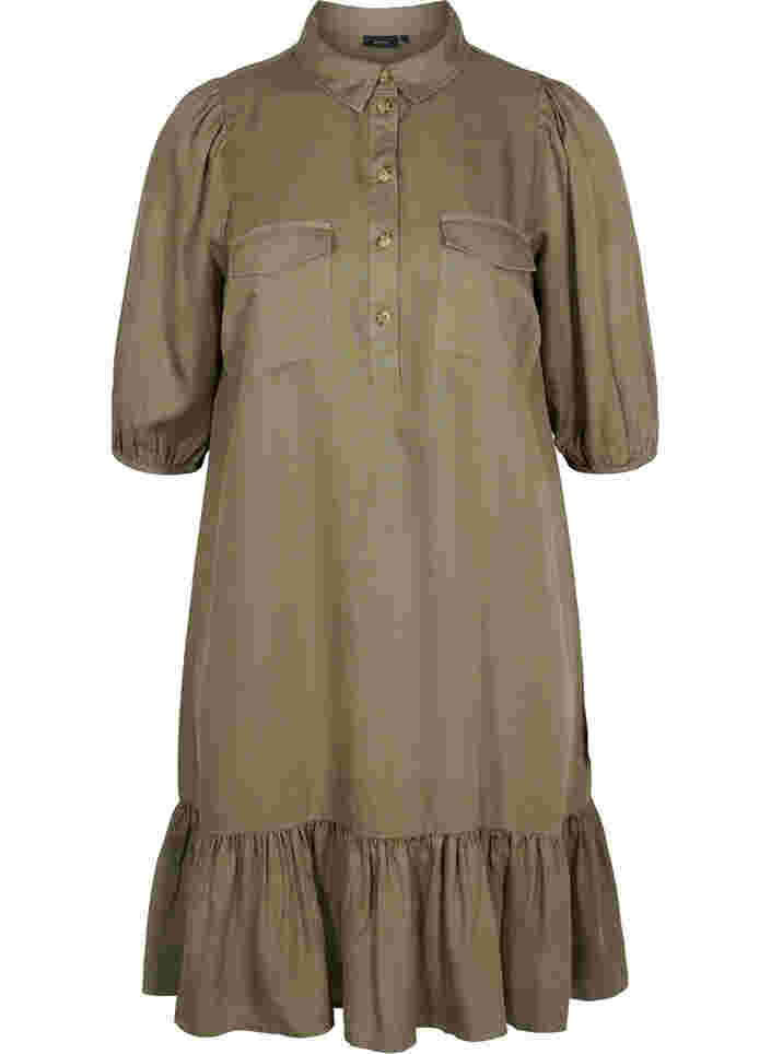 Kleid mit Rüschenbesatz und 3/4-Ärmeln, Dusty Olive, Packshot image number 0