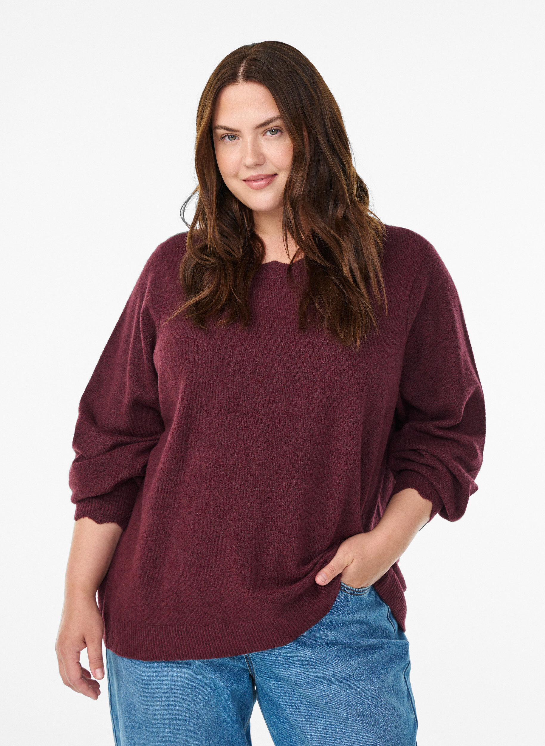 Zizzi Strickbluse mit Wellenkante, Dunkles Bordeaux, Model image number 0